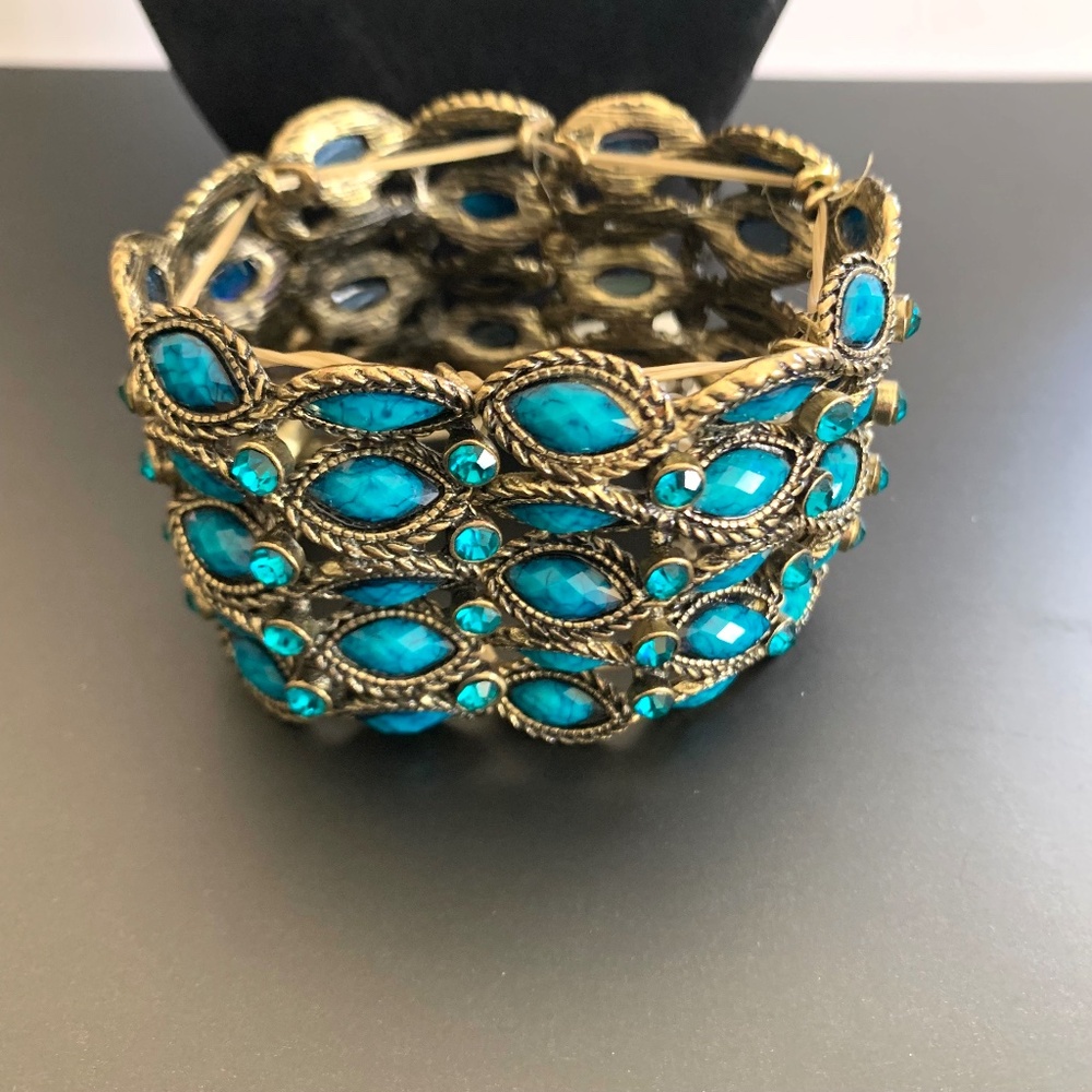 Peacock turquoise blue gold tone filigree vintage/boho stretch cuff bracelet